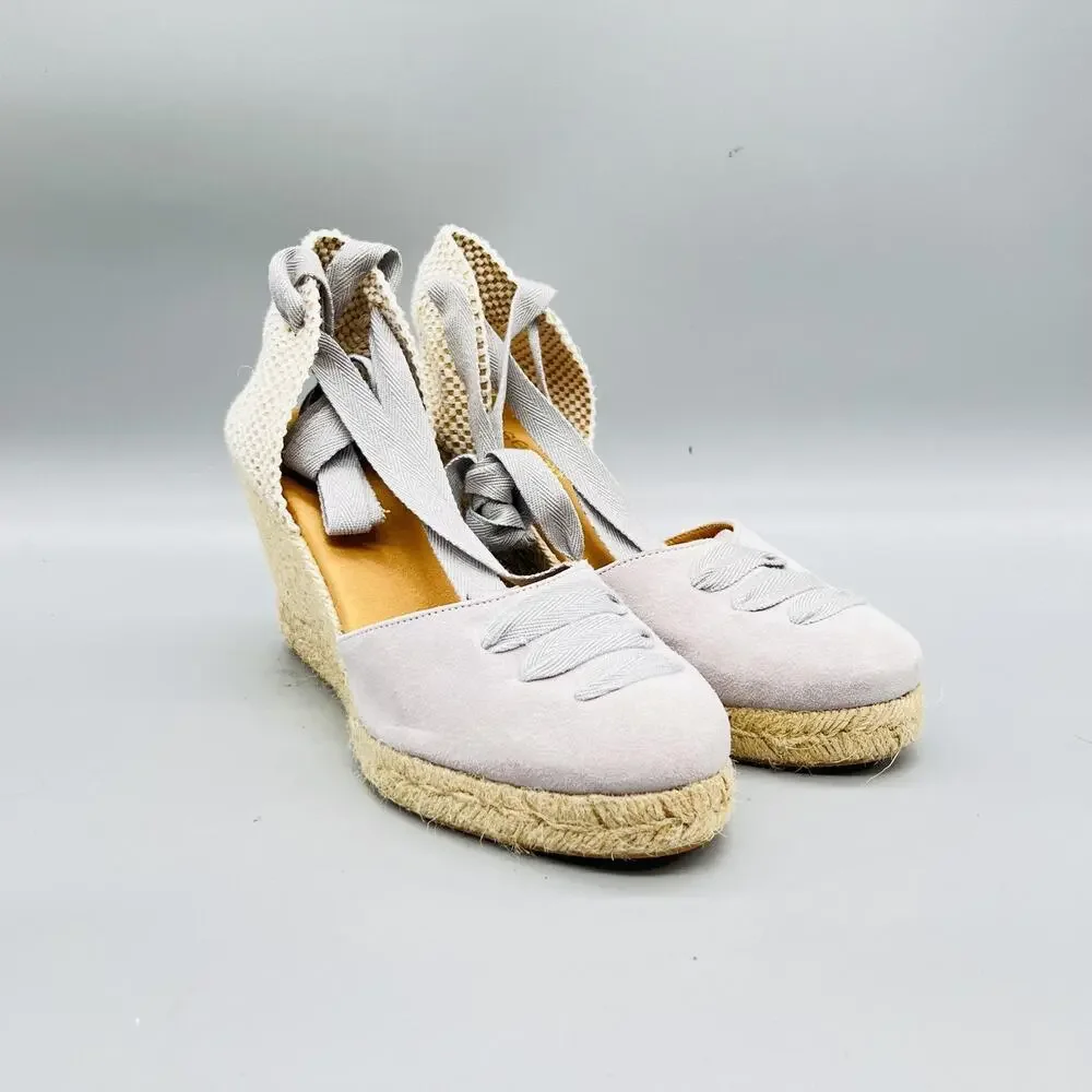 Paseart Sandals Womens 8.5 Gray Suede Espadrille Wedge Ankle Tie Lace Up Shoes